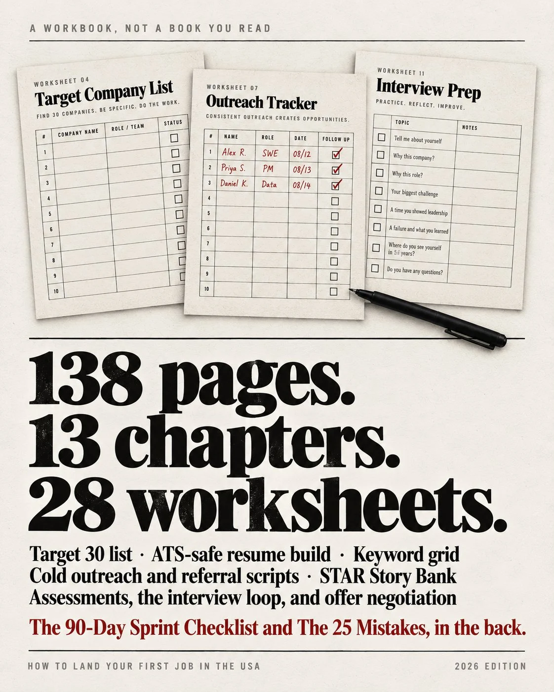 138 pages, 13 chapters, 28 worksheets — How to Land Your First Job in the USA